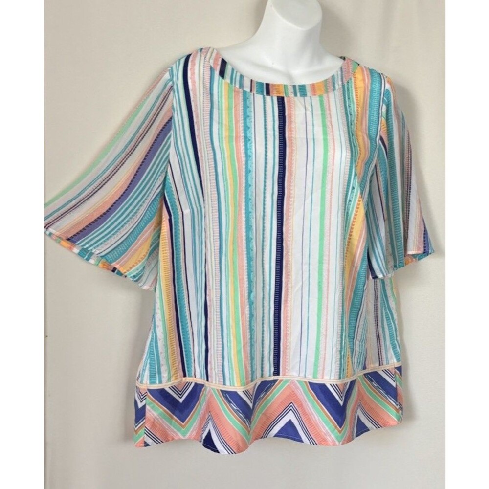 Chico's White,Blue,Green,Peach Chevron Stripe Popover SZ 2